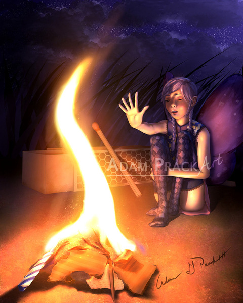 A fairy keeping warm next to her mini campfire on a chilly evening