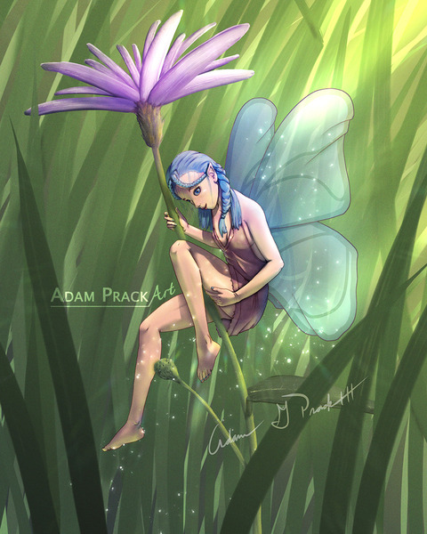 A blue-haired fairy holding to a flower stalk in a grassy meadow