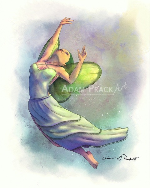 A water-color style fairy reaching above as she flies through the sky