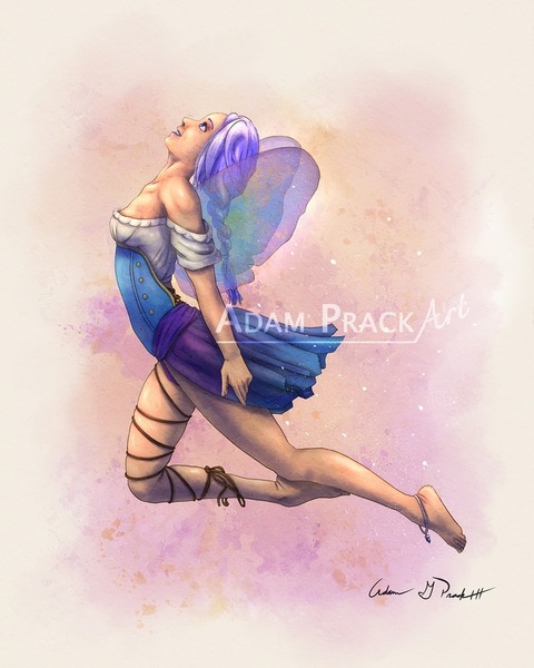 A water-color style fairy feeling the sunlight on her as she flies through the air
