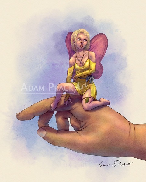 An impotent little water-color style fairy sticks her tongue out from atop someone's hand