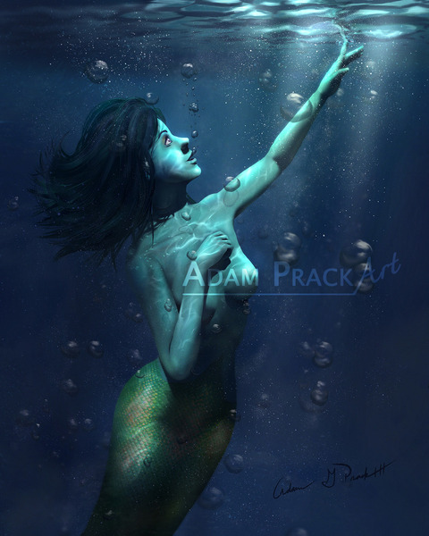 A mermaid reaches for the sunlight above the water's surface