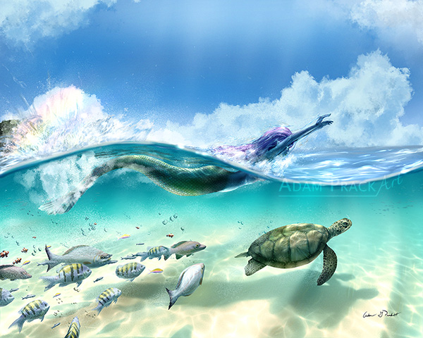 A mermaid swims and jumps through waves with sea life below