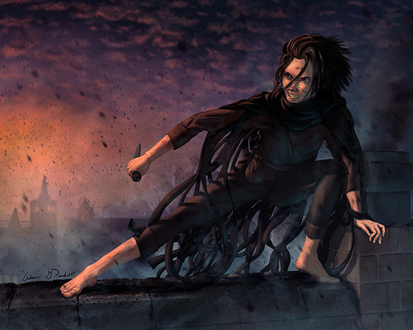 Vin from Mistborn perches atop a roof with an obsidian dagger and mistcloak