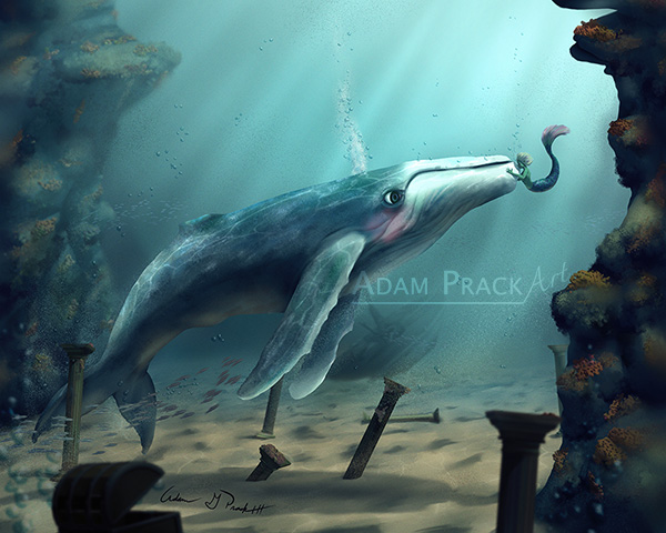 A humpback whale gets a kiss from a mermaid