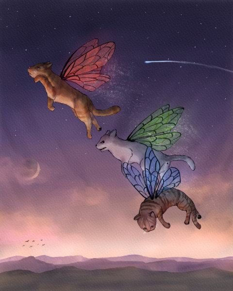 Mischievous cat-fairy hybrids fly through the sky in this colorful piece