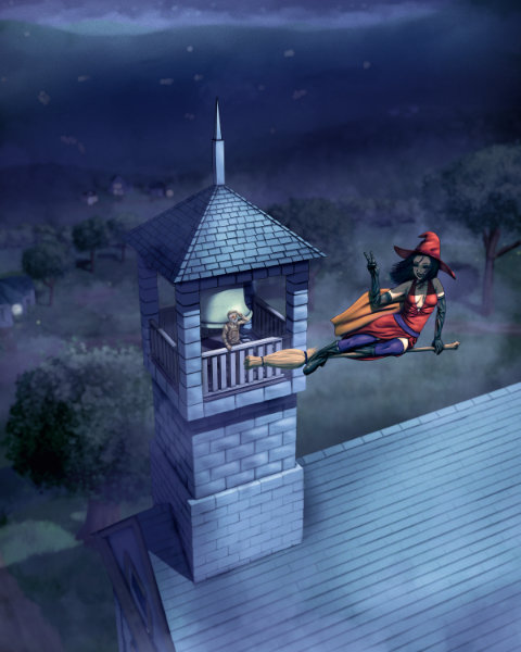 A witch flies by a bell tower and waves at an old man on-looker